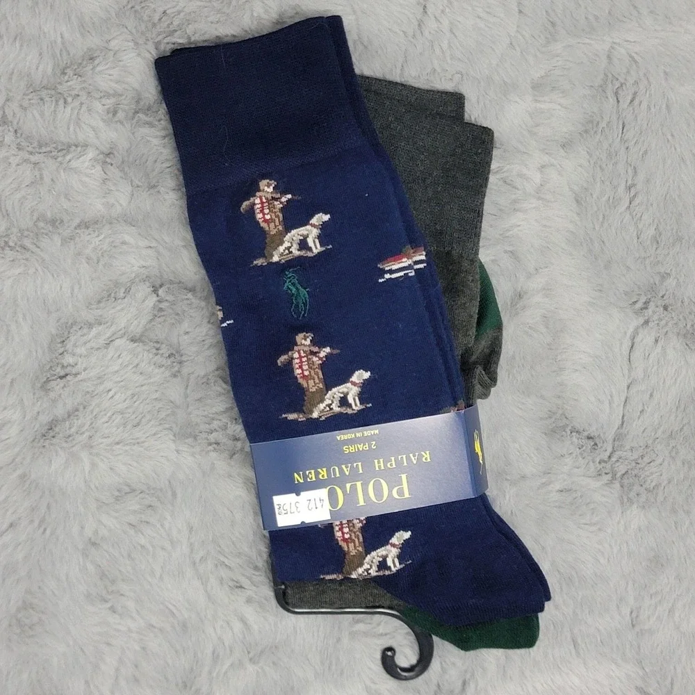 Polo Ralph Lauren Socks Mens 10-13 Navy Hunter Dog Crew 2 Pairs Mid Calf